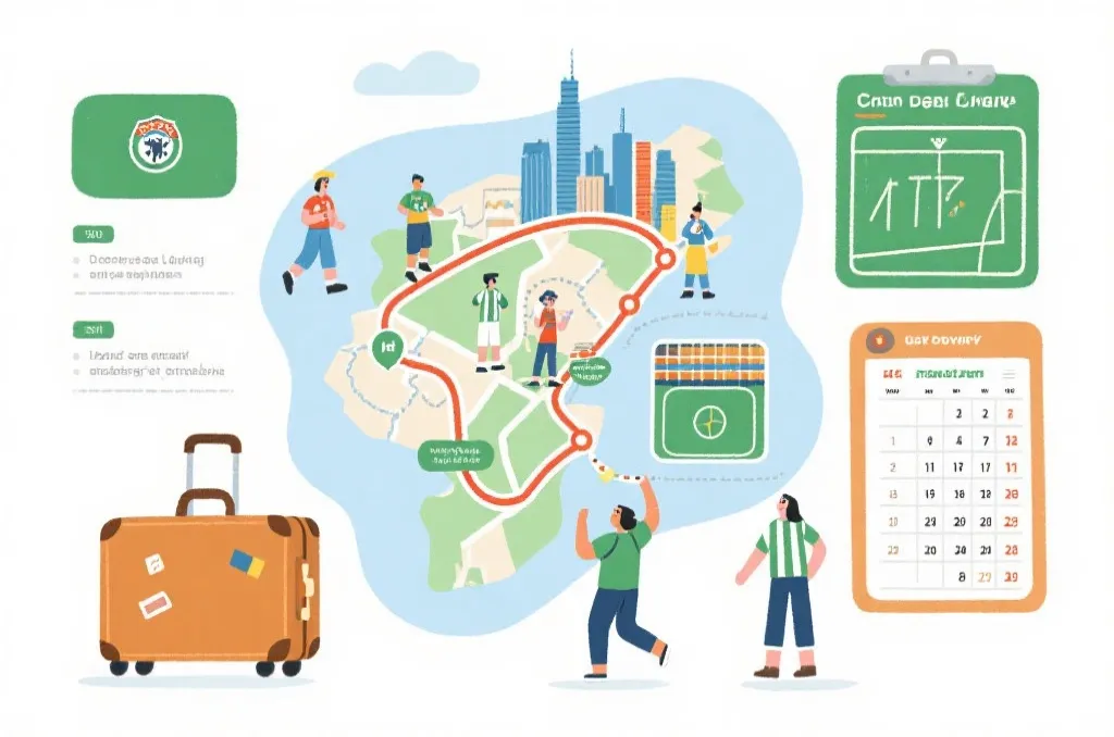 球迷在世界杯城市之间移动观赛的路线规划信息图